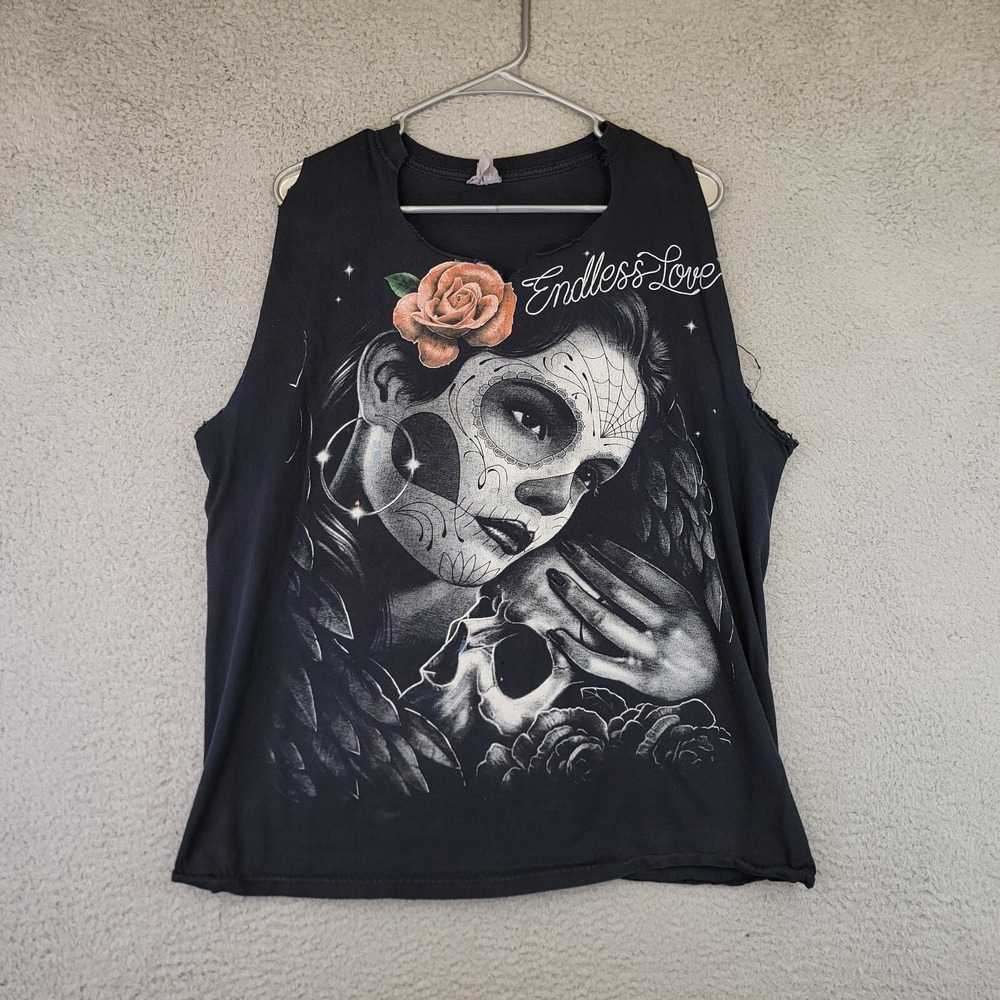Day of the Dead Womens‎ Skull Flower Rose Wings Endless Love T-Shirt Mens M/L